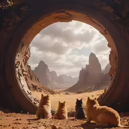 a group of cats on the ground looking out an outdoor tunnel