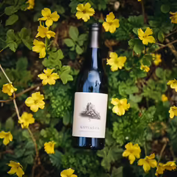 a bottle of wine sitting among a bunch of flowers