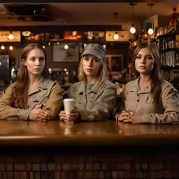 three beautiful young women sitting at a bar with a coffee