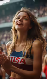 a woman is in a stadium and clapping