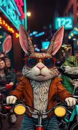 rabbit on the bike in front of a large group of people