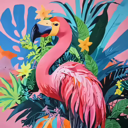 a painting of a pink flamingo with tropical leaves