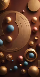 gold, blue, and pink ornaments on a brown surface