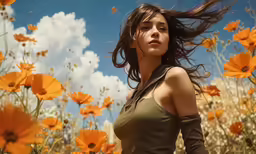 a woman with long hair is in the field
