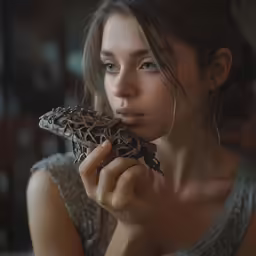 a girl is holding a snake in her hand