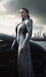 a woman in a white dress standing next to a car with cityscape in the background