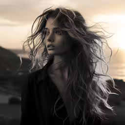 a woman is standing in front of a mountain,a woman with long hair standing in front of a hill