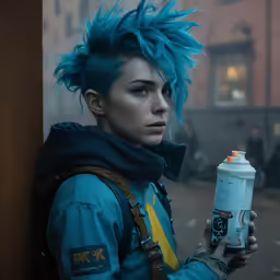 a girl with blue hair holding a spray bottle