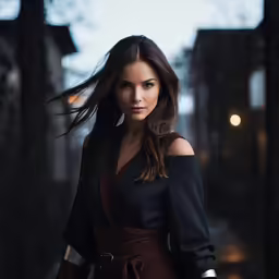 a woman in a black dress is walking