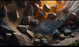 a cave with rocks and stones on a mountain side