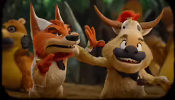 cartoon style dogs holding each other in front of trees