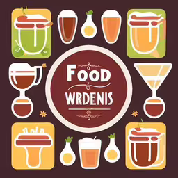 food wirdings with various icons including two drinks and a blender,a plate with different types of foods and beverages,a poster that is advertising a food and wine festival,there is a poster with many different types of food,a poster for an eatery shows a variety of drinks