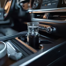 a car dashboard with buttons, control and a cup holder