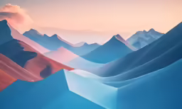 a sunset over snowy mountains, with mountains in the background