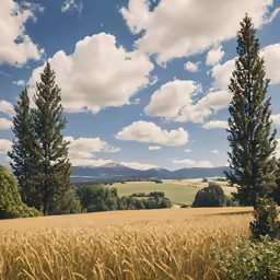 a grassy field with a blue sky and clouds