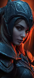 a woman wearing a helmet and armor looking at the camera