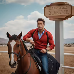a man riding a horse by a wooden sign