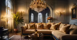 a living room with a very fancy couch and fancy decorations