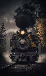 a steam train traveling through a forest on tracks