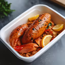 a container full of salmon and vegetables with lemon wedges