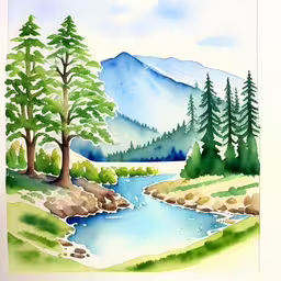 the painting depicts some trees in the woods,the painting shows a mountain landscape with mountains and a river running past a wooded area,watercolor painting of a lake surrounded by trees,a watercolor drawing of a mountain river and trees,a watercolor painting of mountains and trees, and a stream