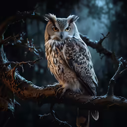 an owl sits on a tree branch in the dark forest