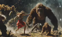 a beautiful young lady in red dress dancing with a group of animals