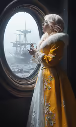 woman dressed in yellow and white standing by large window