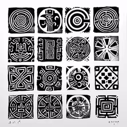 a painting depicting various black and white designs,some kind of art work in black and white