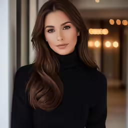 a woman in black sweater looking at the camera