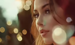 a woman with brown eyes and boke of sparkles
