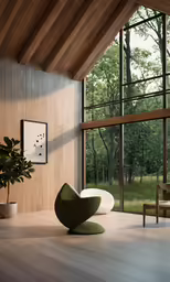 a room with wood walls and plants on the floor