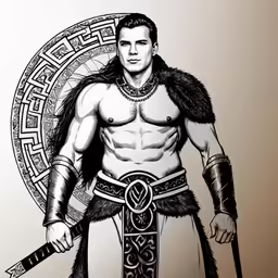 the roman soldier holding two spears and standing in front of a circle