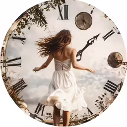 a girl is running in front of an old clock