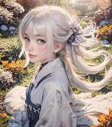 an anime picture of a white haired girl in grass