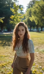 a woman wearing brown pants in the grass