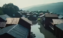 an aerial view of a village on water