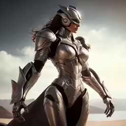 a woman dressed in futuristic suit with helmet and tail