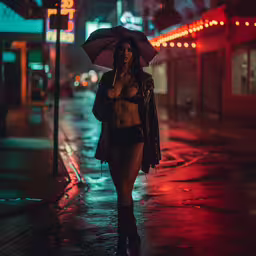 woman with pink umbrella walking down the street,an attractive woman in a bikini is holding an umbrella and walking on the sidewalk