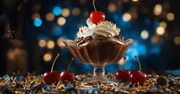 an ice cream sundae with two cherries and whipped cream