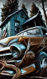 an old classic car is parked by the barn
