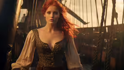 a woman is dressed in costume and standing on a ship,redheaded woman dressed in medieval clothing standing on the deck of a tall ship