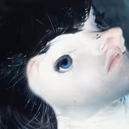 a little girl with black hair and blue eyes