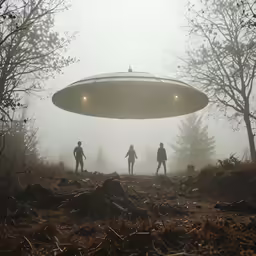 a large black object in the middle of a foggy forest