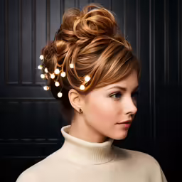 a woman with a bun with lights in the back