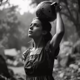 woman in a dress and helmet looking up at a tree