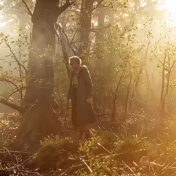 a woman standing in the forest with sunlight coming in