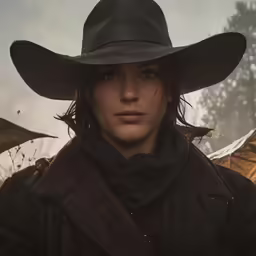 the witching woman with long hair wearing a black hat