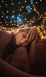 a woman with blonde hair lying on a couch in front of a string of lights