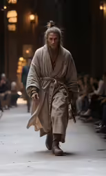 a man is walking down the runway wearing a robe